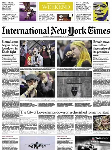 Tidningen International New York Times (Saturday Only) framsida